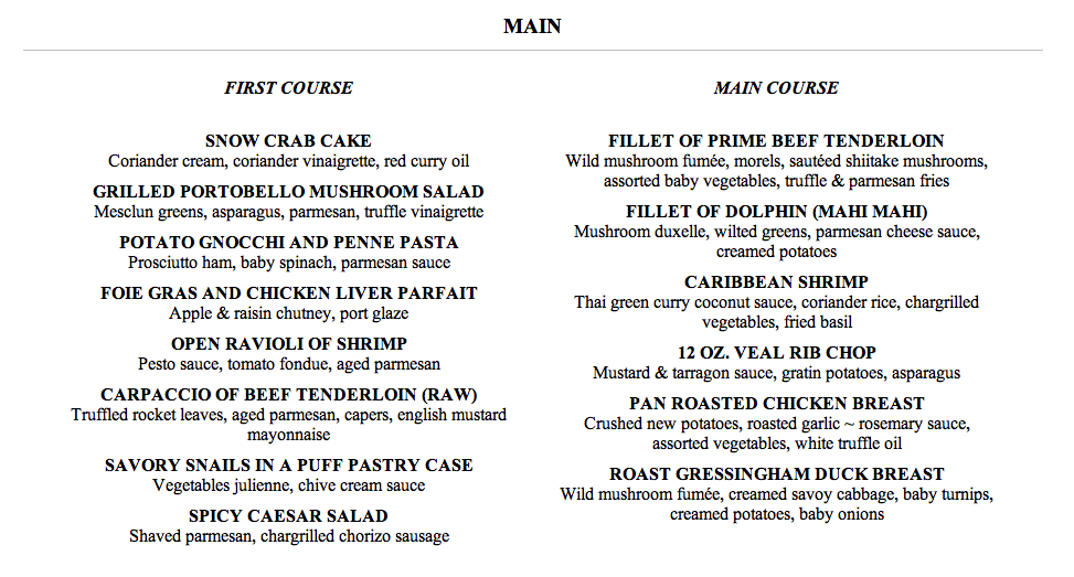 The Cliff Restaurant Menu Barbados