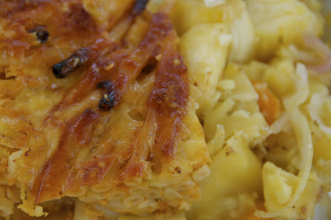 Macaroni pie and breadfruit from Bay Tavern, Martin's Bay, Barbados